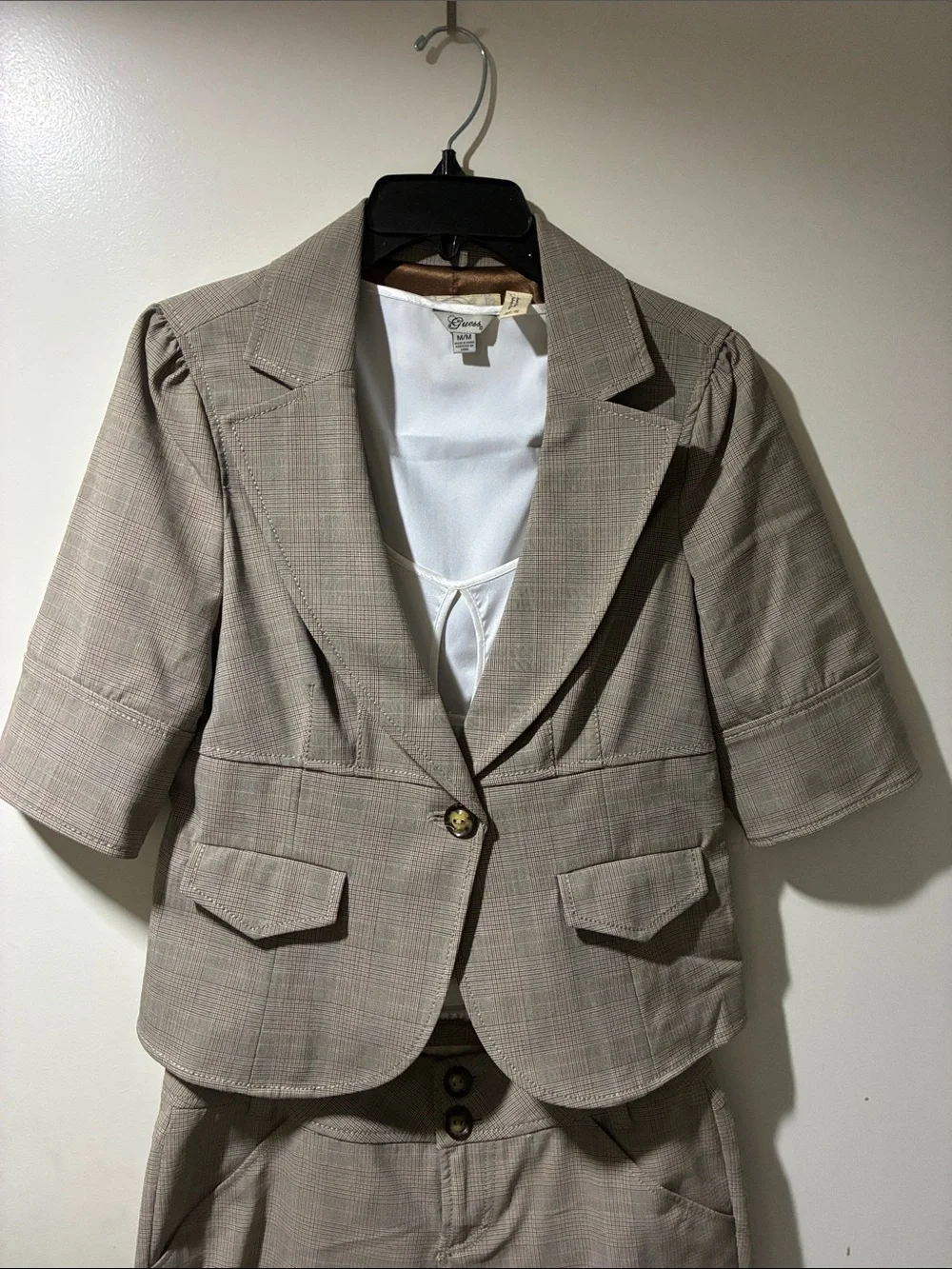 Guess Taupe Plaid Short-Sleeve Blazer and Bermuda Short Set